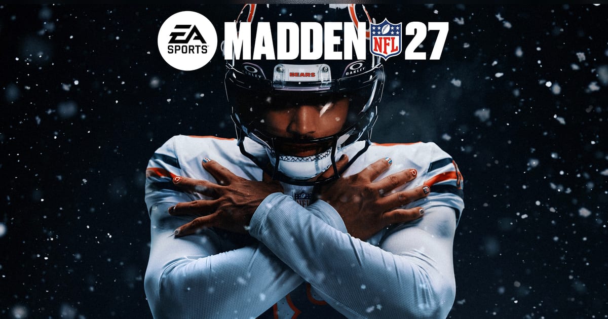 Official Madden NFL 27 cover art showing Caleb Williams in a Chicago Bears uniform crossing his arms as snow falls
