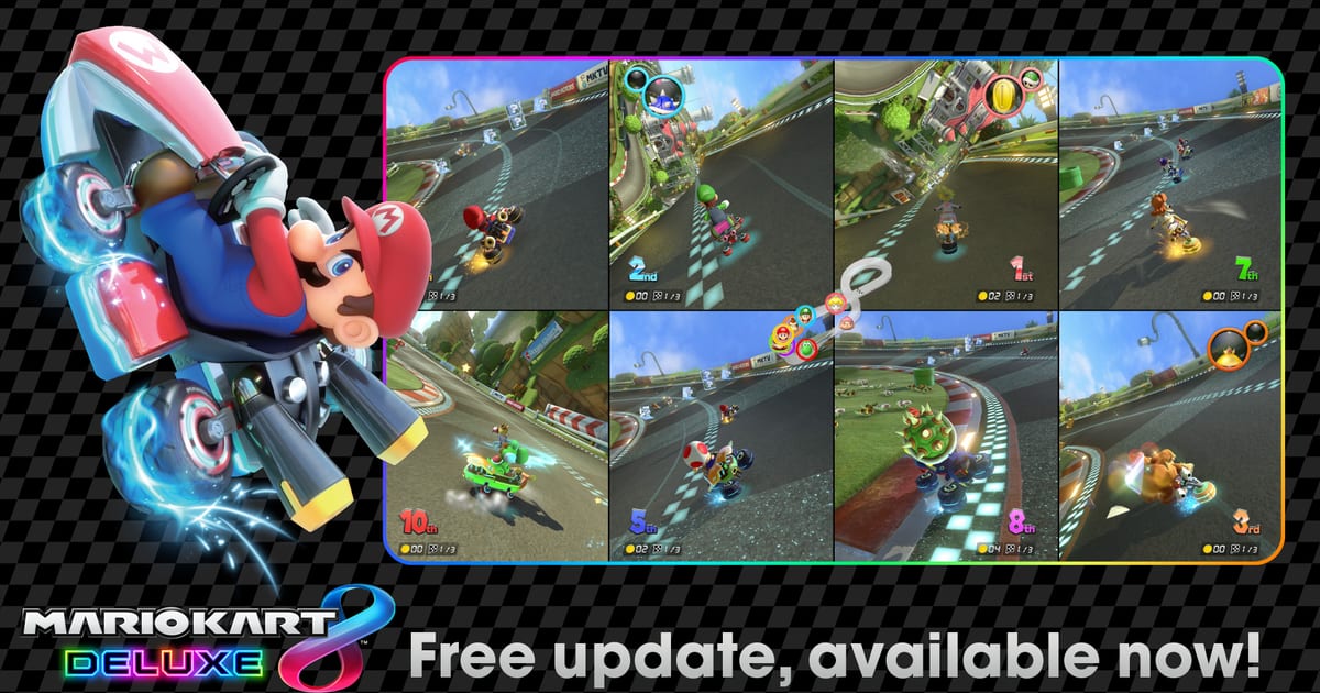 Official Mario Kart 8 Deluxe free update banner showing Mario on a bike next to an eight-player split-screen race