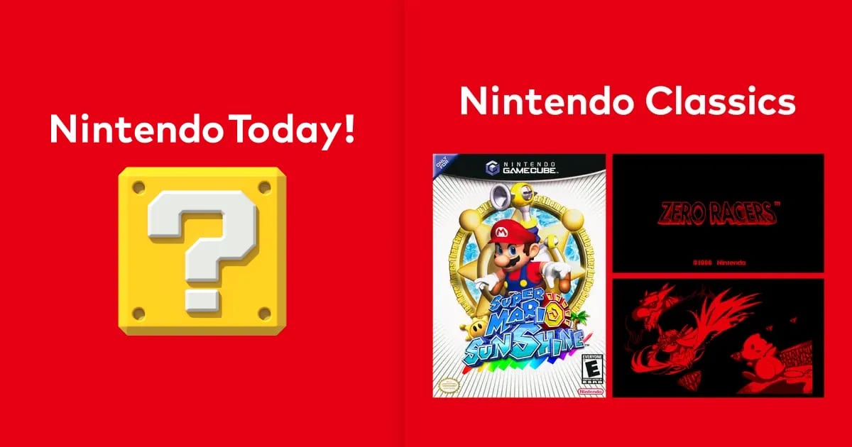 Nintendo Classics announcement card showing the Super Mario Sunshine GameCube box art beside red Virtual Boy screens for Zero Racers and D-Hopper