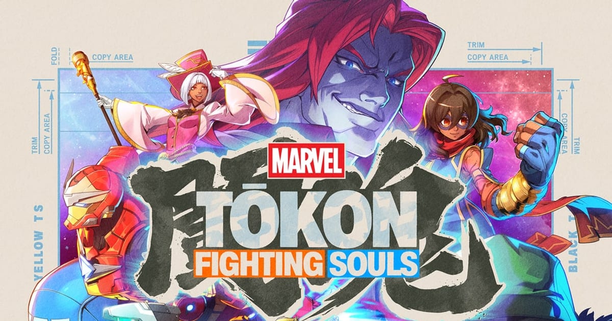 Official Marvel Tokon: Fighting Souls key art with Iron Man, Ms. Marvel and other fighters drawn in a colorful anime style