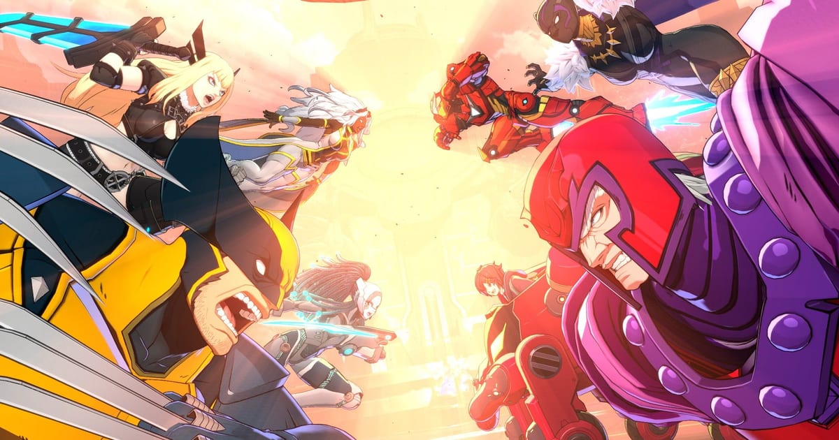 Official Marvel Tokon: Fighting Souls key art showing Wolverine, Magik, Storm, Iron Man, Black Panther and Magneto clashing in a colorful anime style