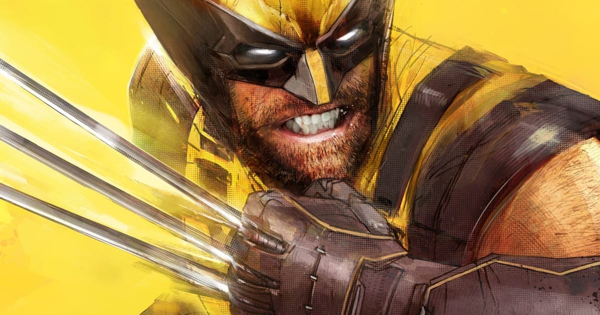 Marvel's Wolverine key art with Logan in his yellow and brown suit snarling with claws out on a yellow background