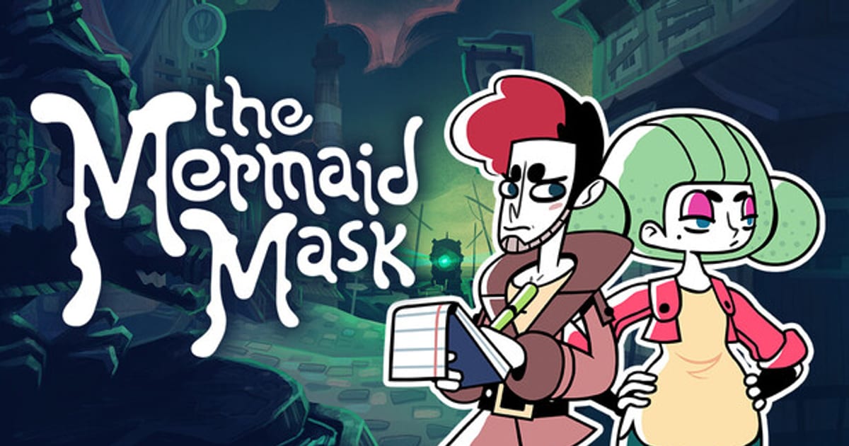 Official key art for The Mermaid Mask showing Detective Grimoire holding a notebook and Sally standing beside him in a dark teal underwater town