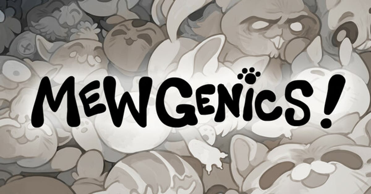 Mewgenics key art showing the game's logo over a crowded pile of cartoon cats drawn in sepia tones