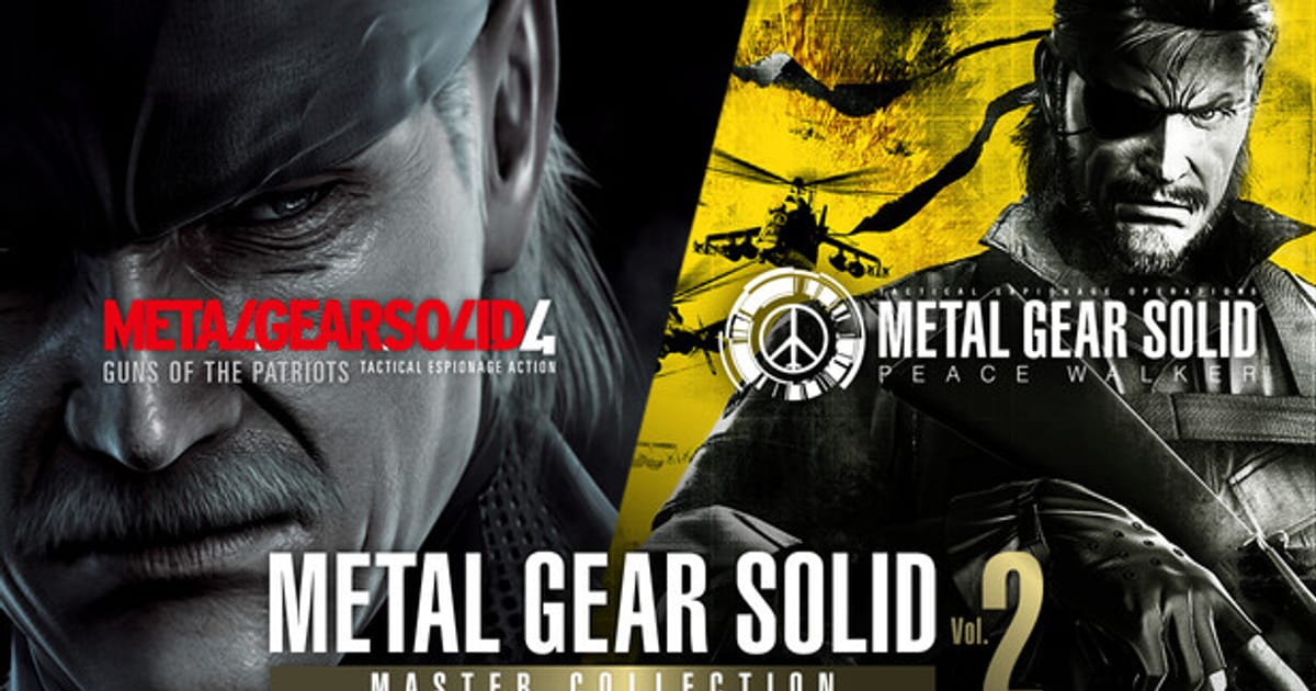 Metal Gear Solid Master Collection Vol. 2 key art showing Old Snake from MGS4 next to Big Boss on the yellow Peace Walker artwork