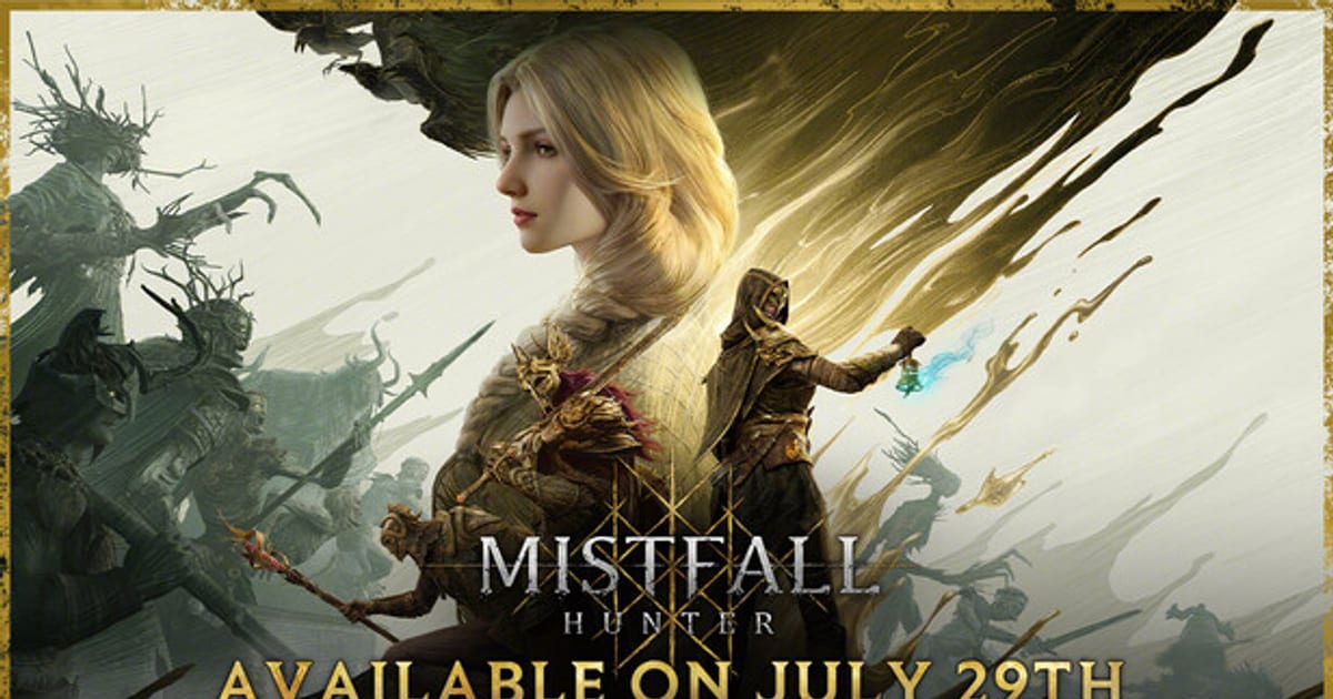 Mistfall Hunter key art showing a blonde hunter and a hooded companion in golden armor facing corrupted forest creatures