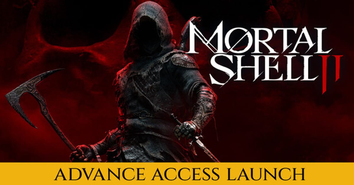 Official Mortal Shell II key art showing the hooded Harbinger holding an axe against a dark red background