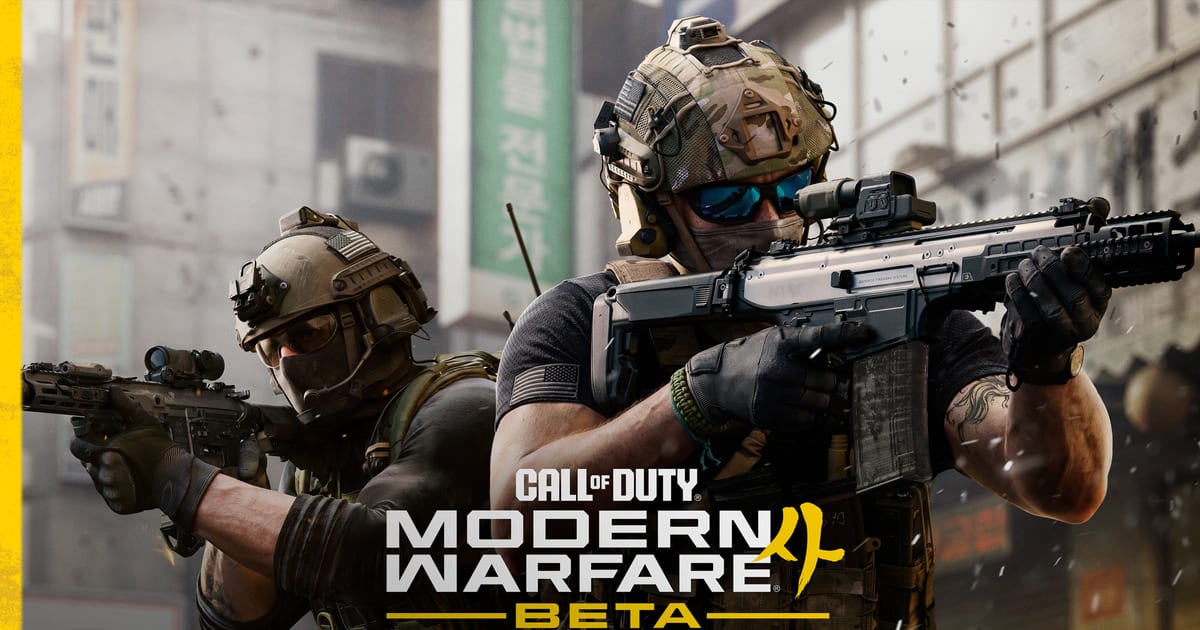 Two Modern Warfare 4 operators aiming rifles in a Korean city street, official beta key art