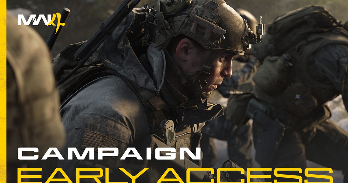 Modern Warfare 4 campaign early access art showing soldiers in full combat gear moving in close formation