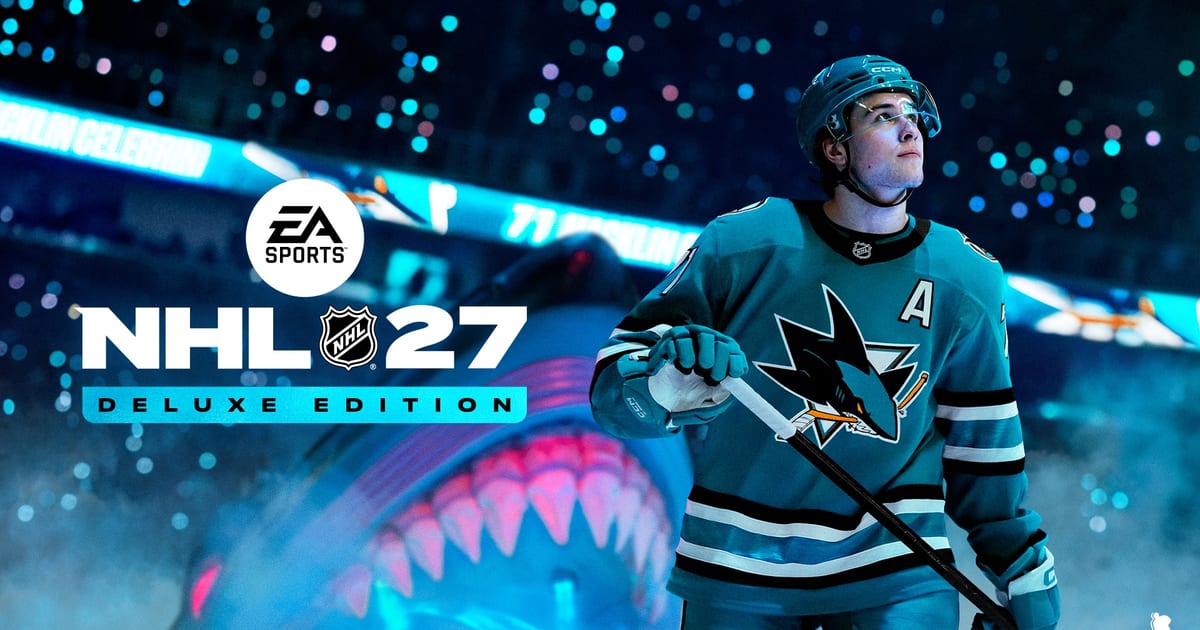 NHL 27 key art with San Jose Sharks forward Macklin Celebrini skating out past a giant shark head
