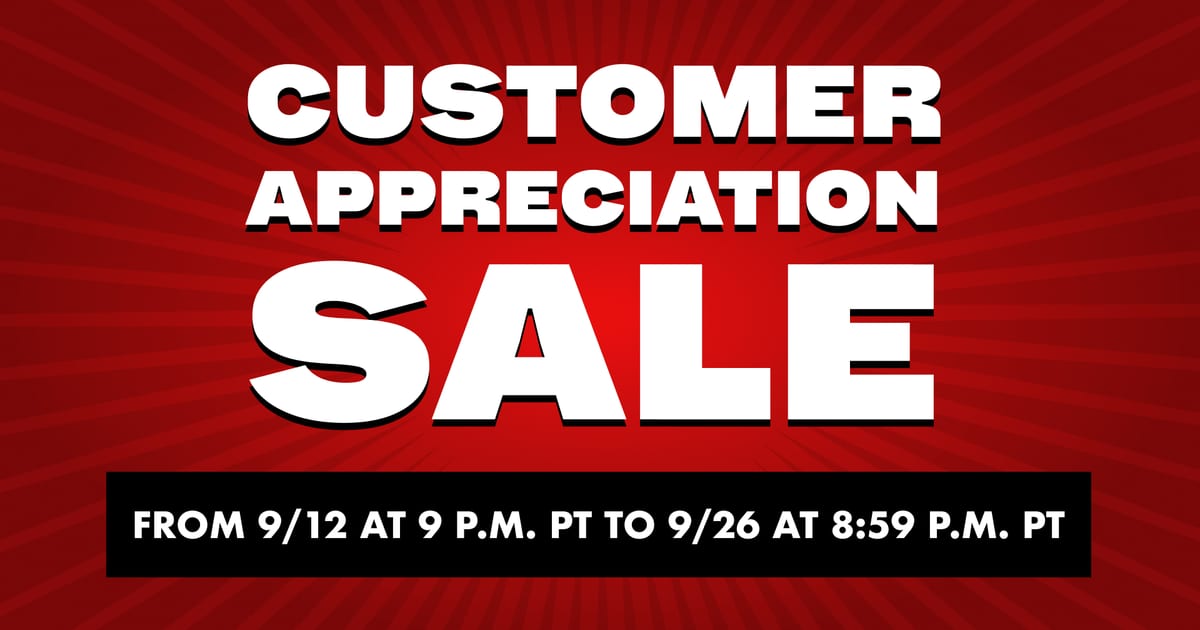 Official Nintendo of America banner for the Customer Appreciation Sale, white text on a red background with the dates from 9/12 at 9 PM PT to 9/26 at 8:59 PM PT