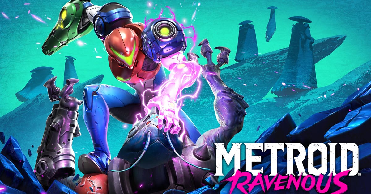 Official key art for Metroid Ravenous on Nintendo Switch 2, showing Samus Aran in her suit crouched over a fallen mechanical enemy with a glowing pink arm, next to the game logo
