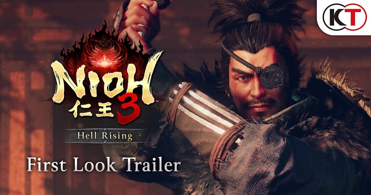 Official Nioh 3 Hell Rising key art showing the one-eyed swordsman Yagyu Jubei raising his blade