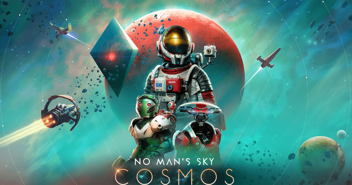 No Man's Sky Cosmos key art with a red suited Traveller and two companions floating in front of a red planet and a dark crystal, with starships and asteroids in a teal nebula
