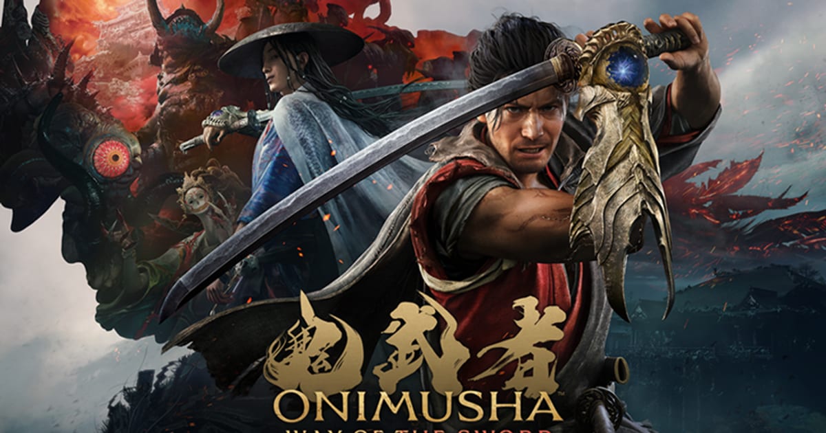 Onimusha: Way of the Sword key art showing Miyamoto Musashi drawing his sword with the Oni Gauntlet, a robed ally behind him and Genma demons in the red sky