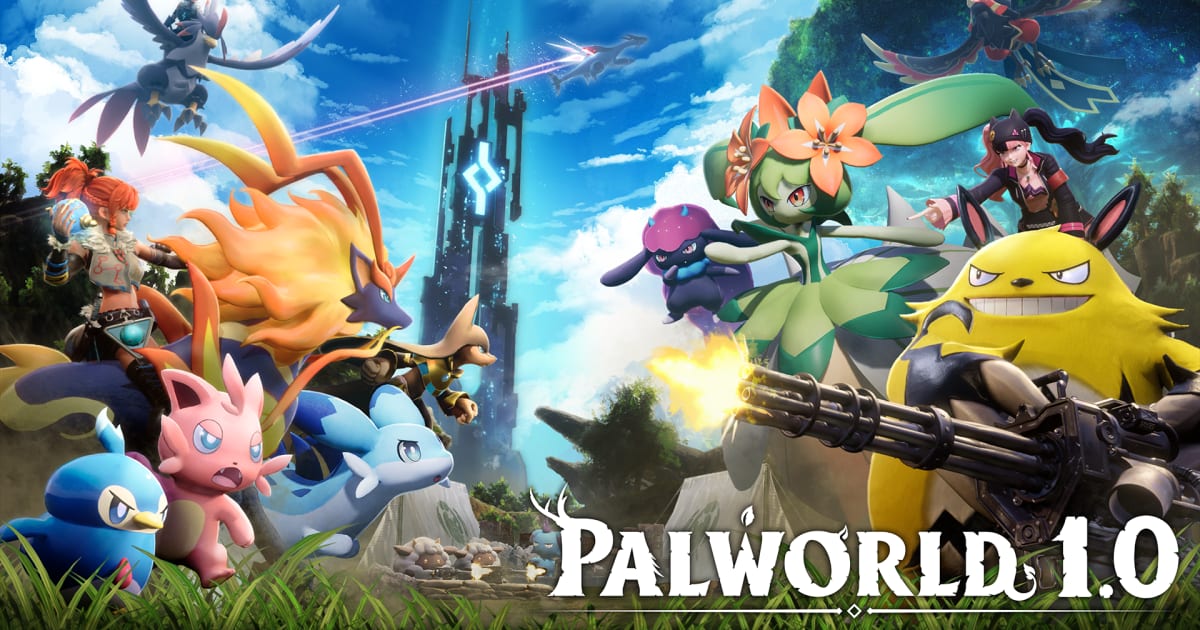 Official Palworld 1.0 key art showing Pals and characters in front of the World Tree