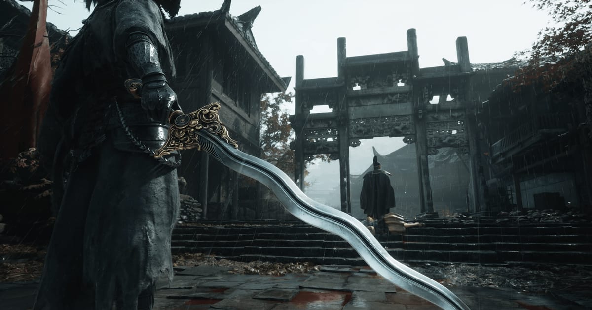 Official Phantom Blade Zero screenshot of protagonist Soul holding an ornate serpentine blade in a rainy village of the Wulin
