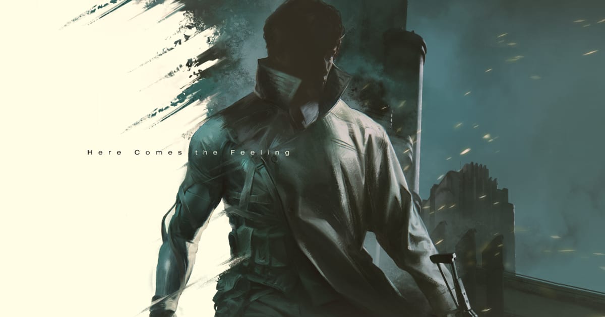 Official Physint poster art from Kojima Productions showing a man in a long coat holding a rifle, walking away from a dark city skyline, with the tagline Here Comes the Feeling