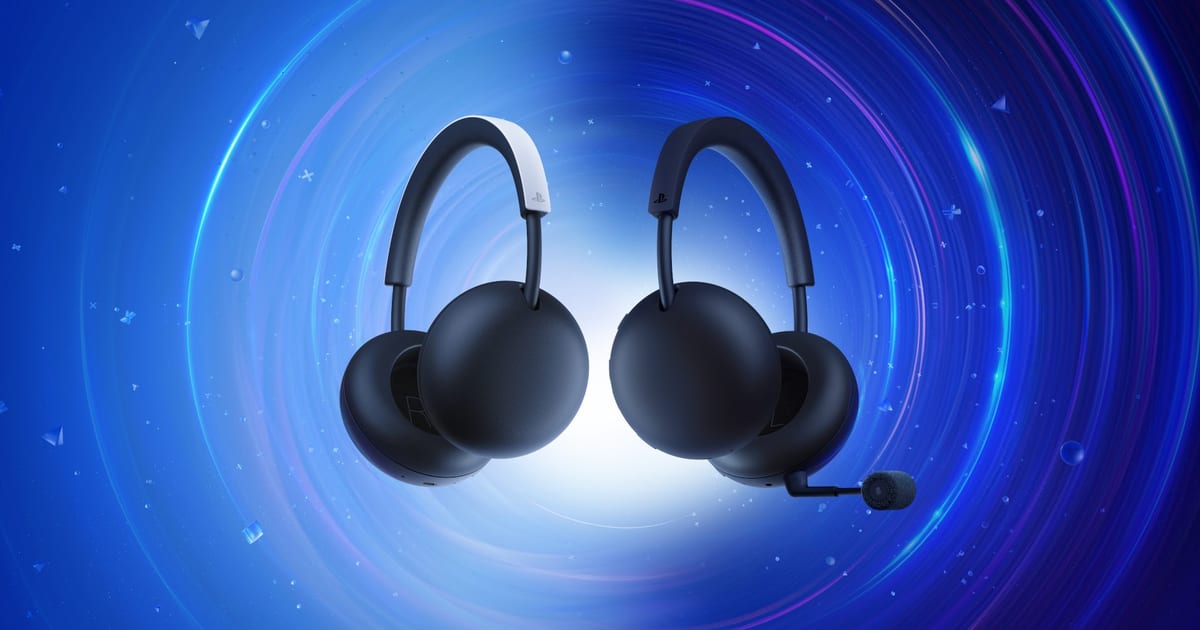 Official key art of the white PlayStation Pulse headset and the black Pulse Edge headset with its boom mic, floating in a swirl of blue light