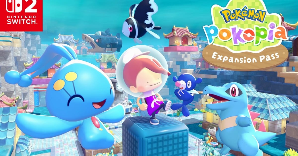Pokemon Pokopia Expansion Pass key art showing Ditto's human form diving with Manaphy, Popplio and Totodile in the underwater town of Bubbly Basin