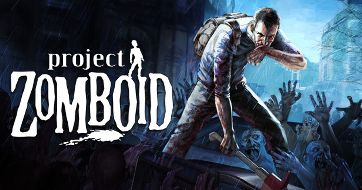 Project Zomboid key art showing a survivor standing on a car swinging a bat at a horde of zombies reaching up