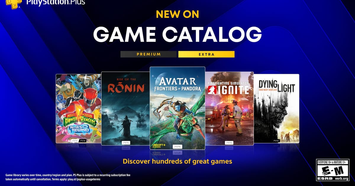 Official PlayStation Plus July 2026 Game Catalog art showing Power Rangers Rita's Rewind, Rise of the Ronin, Avatar Frontiers of Pandora, Firefighting Simulator Ignite and Dying Light