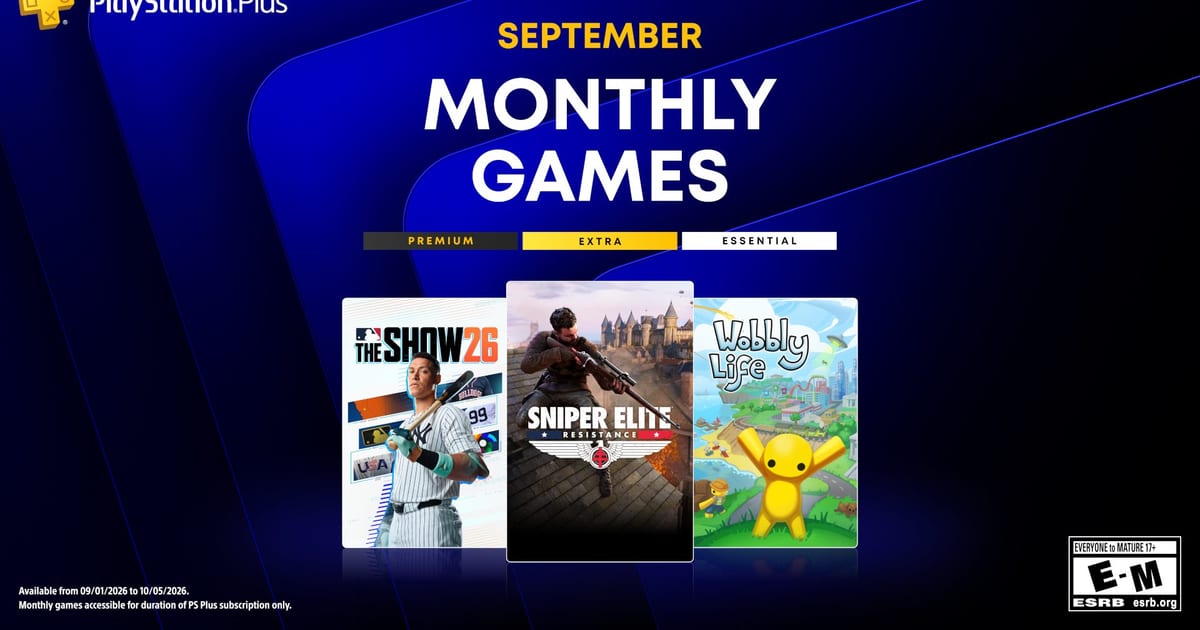 PlayStation Plus September monthly games artwork showing MLB The Show 26, Sniper Elite Resistance and Wobbly Life box art