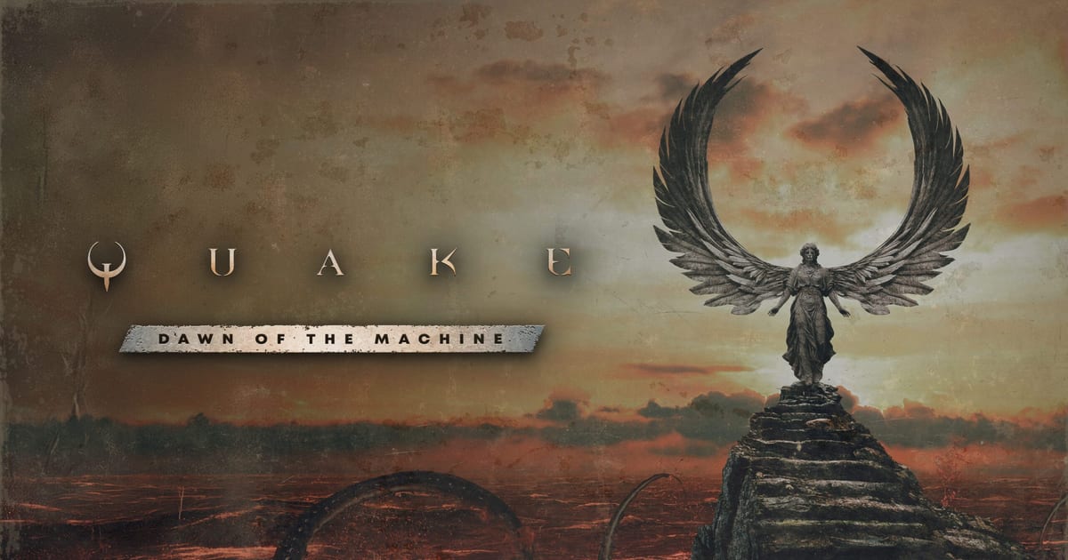 Dawn of the Machine key art showing a winged stone angel statue atop a staircase under an apocalyptic orange sky