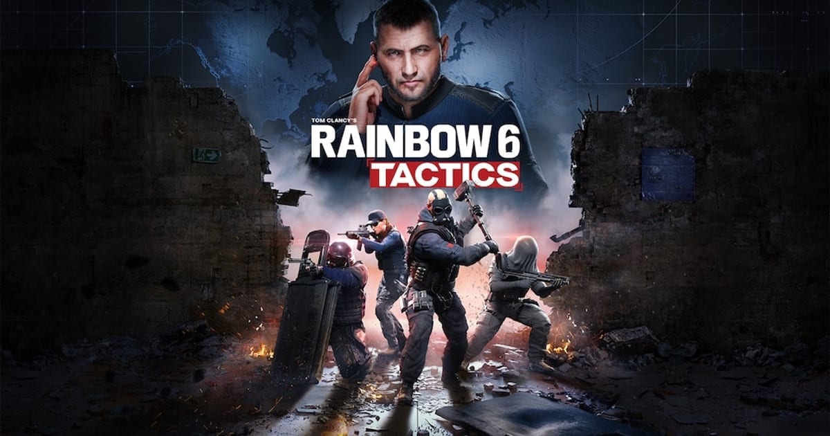 Rainbow Six Tactics key art showing four armed operators advancing through a breached wall beneath the Rainbow 6 Tactics logo
