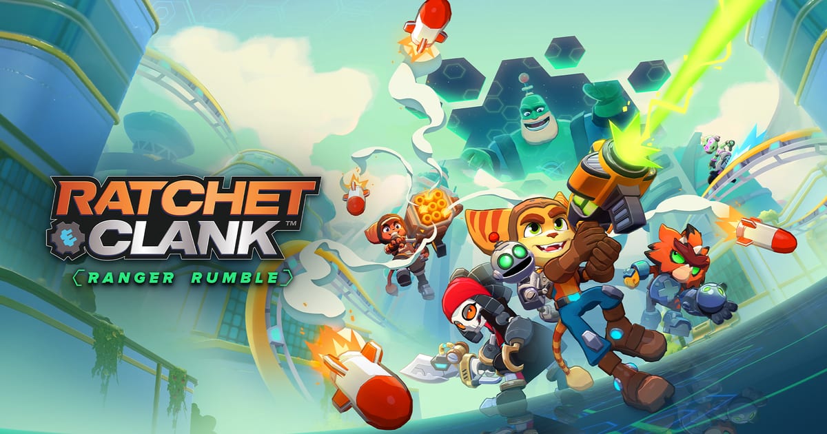 Official key art for Ratchet & Clank: Ranger Rumble showing Ratchet, Clank and new Lombax heroes charging forward with rockets flying through a bright simulated city