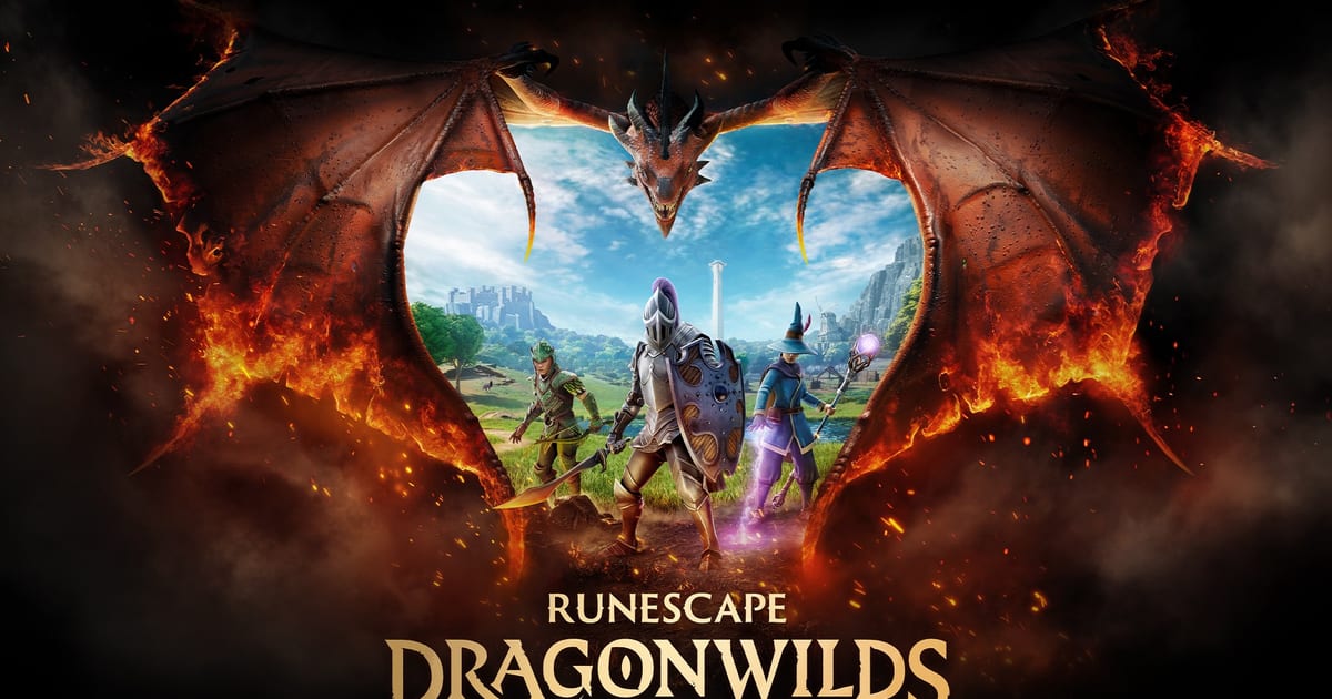 RuneScape: Dragonwilds key art with three adventurers framed by the burning wings of a dragon