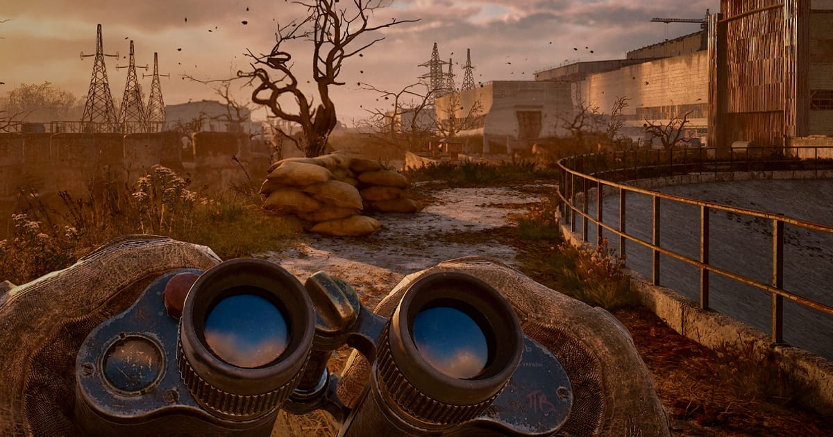 Skif looking through binoculars at the ruined Chornobyl exclusion zone in STALKER 2: Cost of Hope