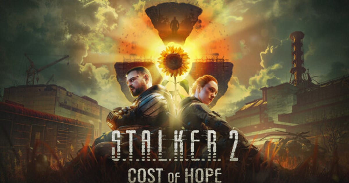 Skif and Mavka standing back to back in front of a sunflower and the ruined Chornobyl power plant in Cost of Hope key art