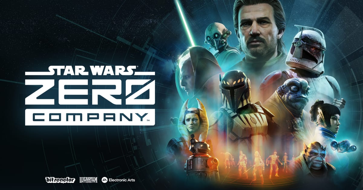 Star Wars Zero Company key art showing Hawks and the Zero Company squad including a clone trooper, a Mandalorian and a Jedi Padawan