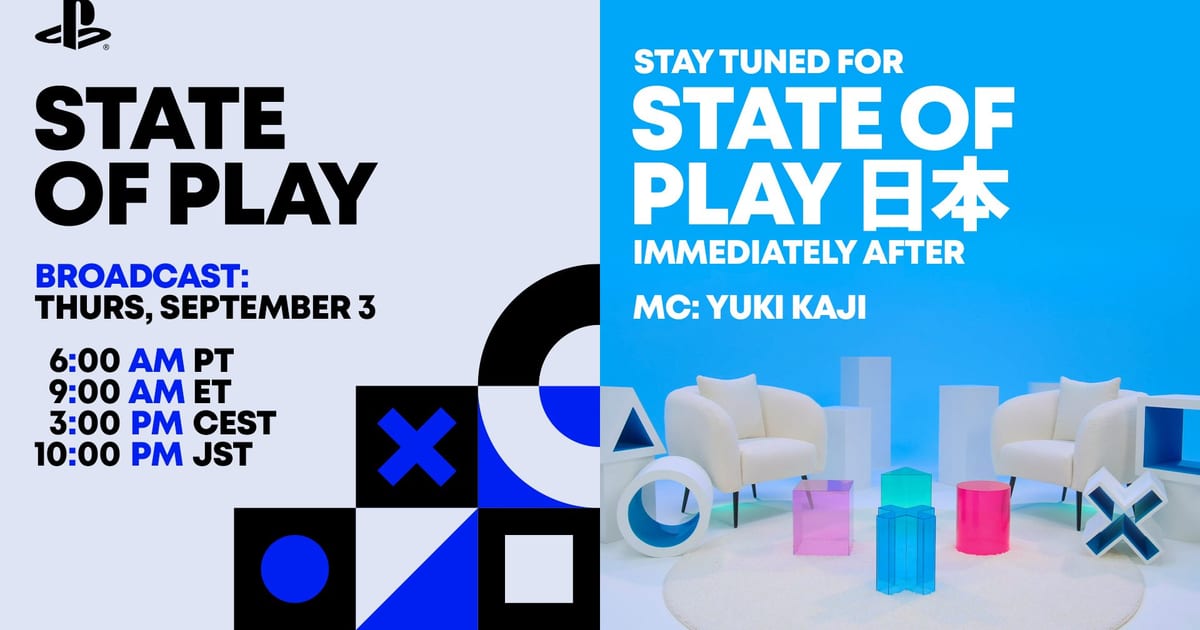 Official PlayStation key art announcing State of Play and State of Play Japan for Thursday September 3