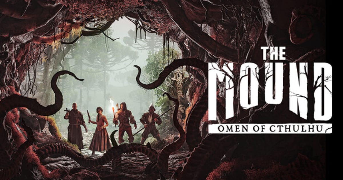 Official key art for The Mound: Omen of Cthulhu showing four conquistador-era explorers surrounded by tentacles in a cursed jungle