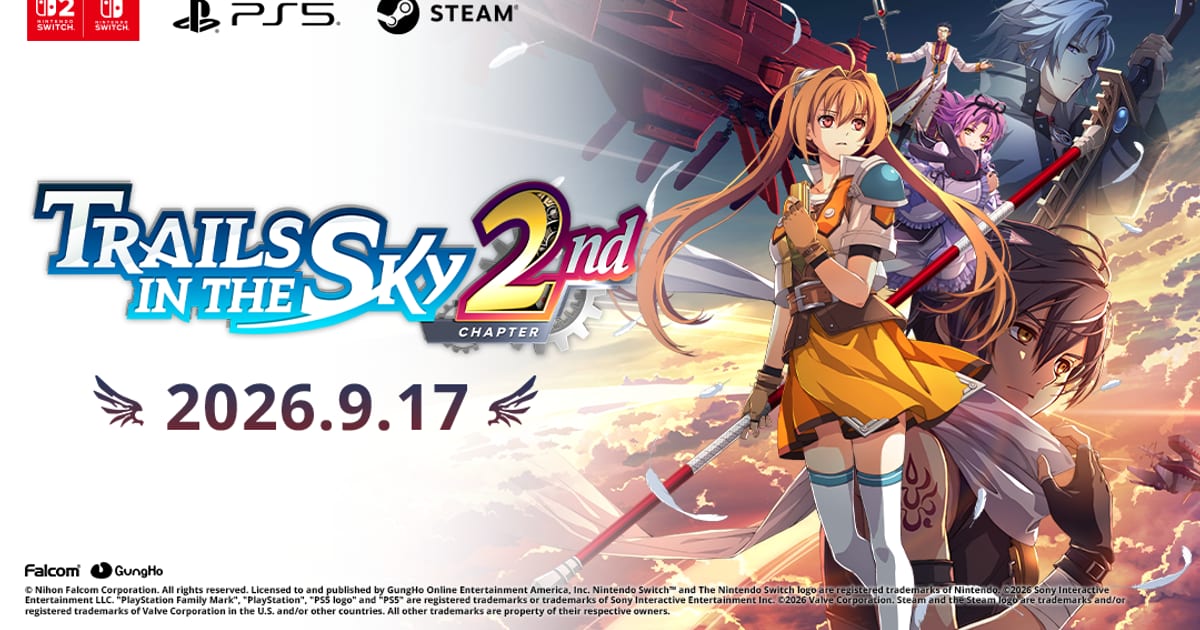 Official Trails in the Sky 2nd Chapter key art with Estelle Bright, Joshua and the cast above the logo and the September 17, 2026 release date