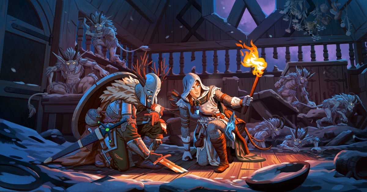 Valheim Deep North key art showing two vikings crouched in a snowy longhouse, one holding a torch, surrounded by pale furred creatures in the shadows