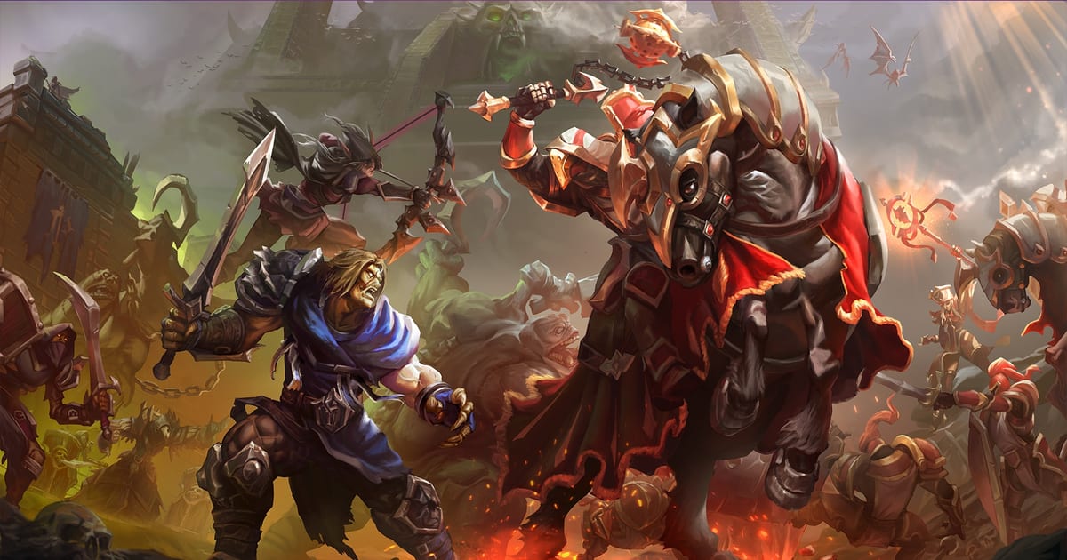Warcraft III Reforged: Forsaken Kingdom key art with a Forsaken warrior in blue armor and a Dark Ranger fighting beside a Forsaken Paladin on horseback, undead and Scarlet Crusade soldiers clashing around them