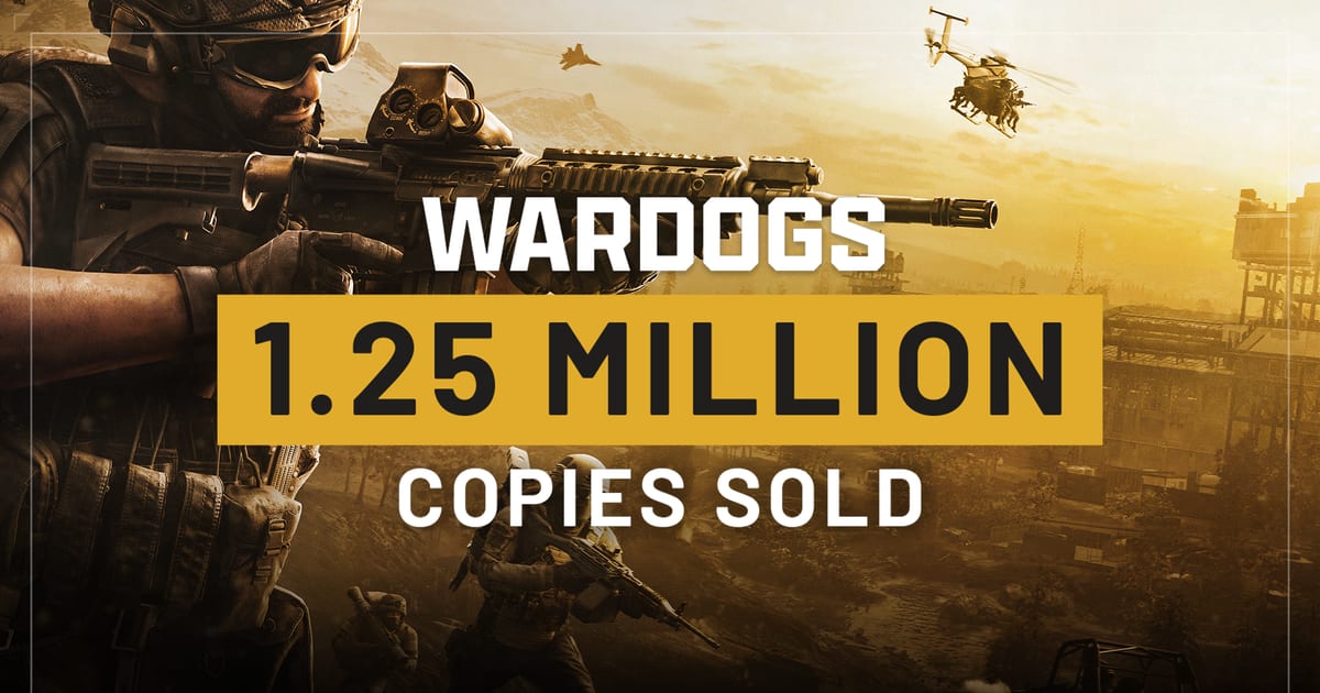 WARDOGS key art with a soldier aiming a rifle across a sunlit battlefield, a helicopter and jet overhead, and the words 1.25 million copies sold on a yellow banner