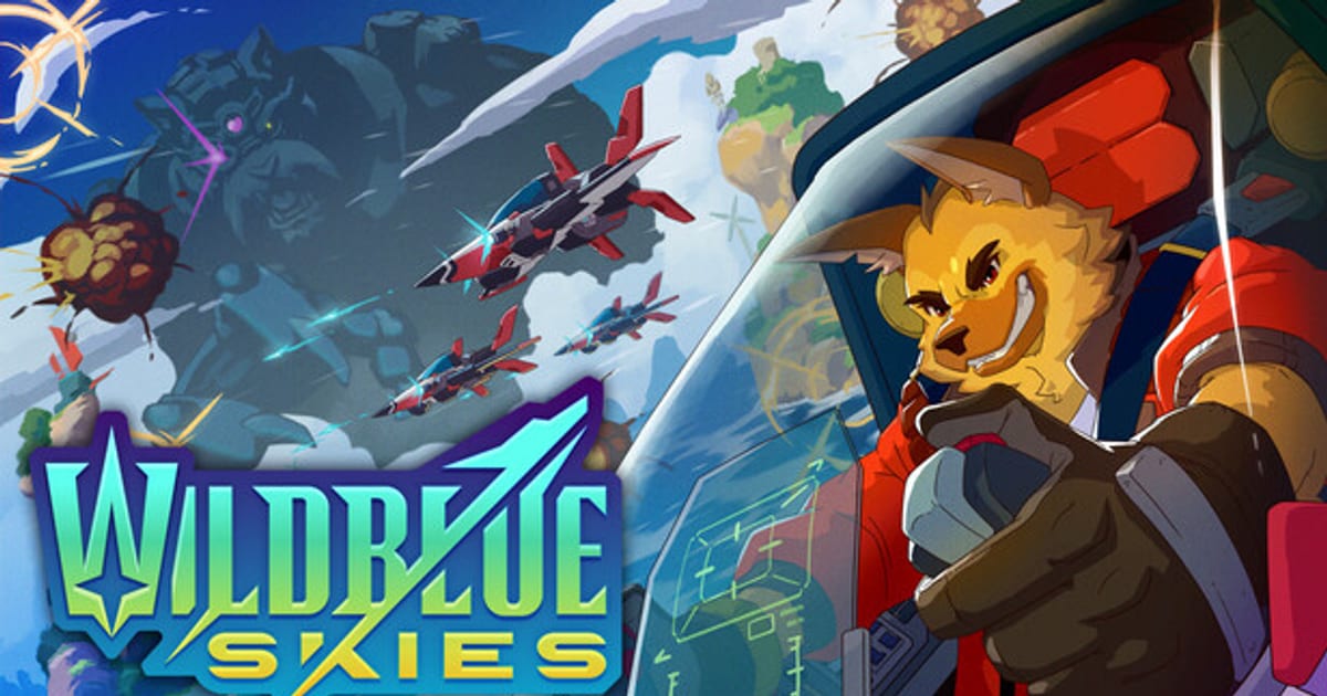 Wild Blue Skies key art showing dog pilot Bowie Stray in his cockpit while red fighter jets fly past a giant shadowy beast
