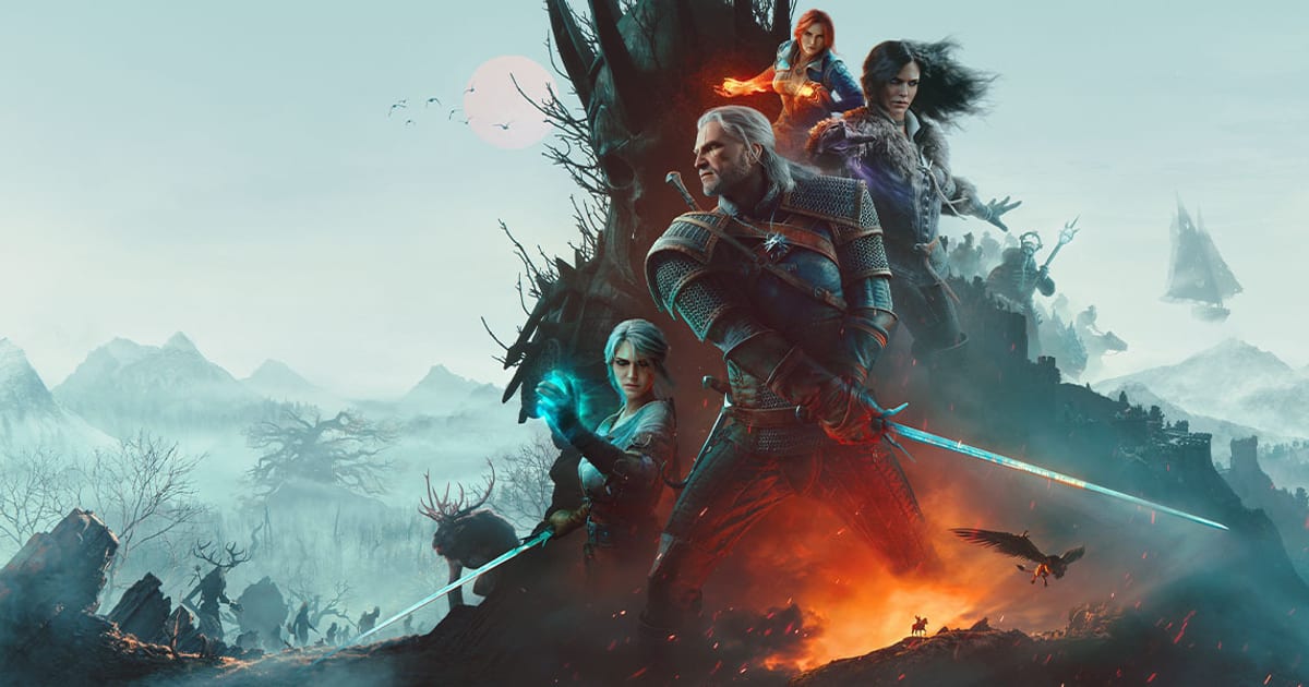 Official key art for The Witcher 3 Wild Hunt Remastered showing Geralt of Rivia with his silver sword
