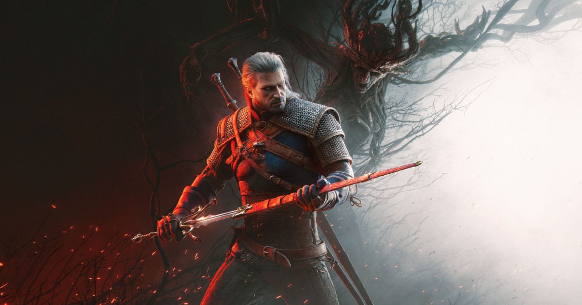 Official Songs of the Past key art showing Geralt of Rivia drawing a sword in front of a monstrous leshen