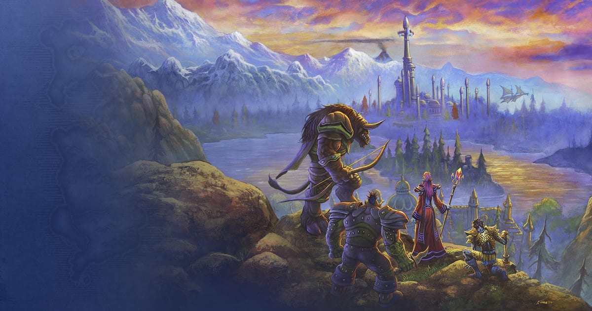 World of Warcraft: Forever key art with a tauren hunter, an orc warrior, an elf mage and a human paladin standing on a cliff above a lake, looking toward the floating city of Dalaran under a sunset sky