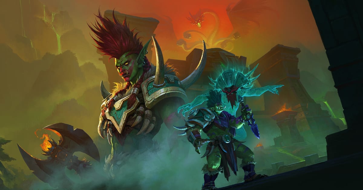 Troll warriors standing before ruined temples on the Coiled Isle, with the many-headed serpent Ula'tek looming in a red sky