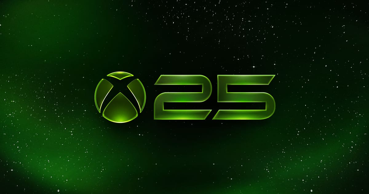 Official Xbox 25th anniversary art featuring the translucent green Series X25 console and anniversary logo