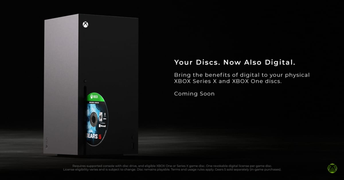 Xbox Series X console with a Gears 5 disc beside the tagline Your Discs. Now Also Digital.