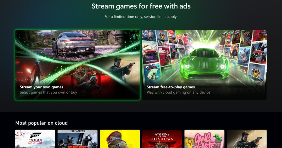Xbox ad-supported streaming interface showing options to stream your own games or free-to-play games for free with ads