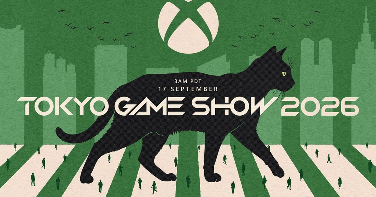 Official Xbox at Tokyo Game Show 2026 key art showing a black cat walking across a green and cream Tokyo street with the Xbox logo above