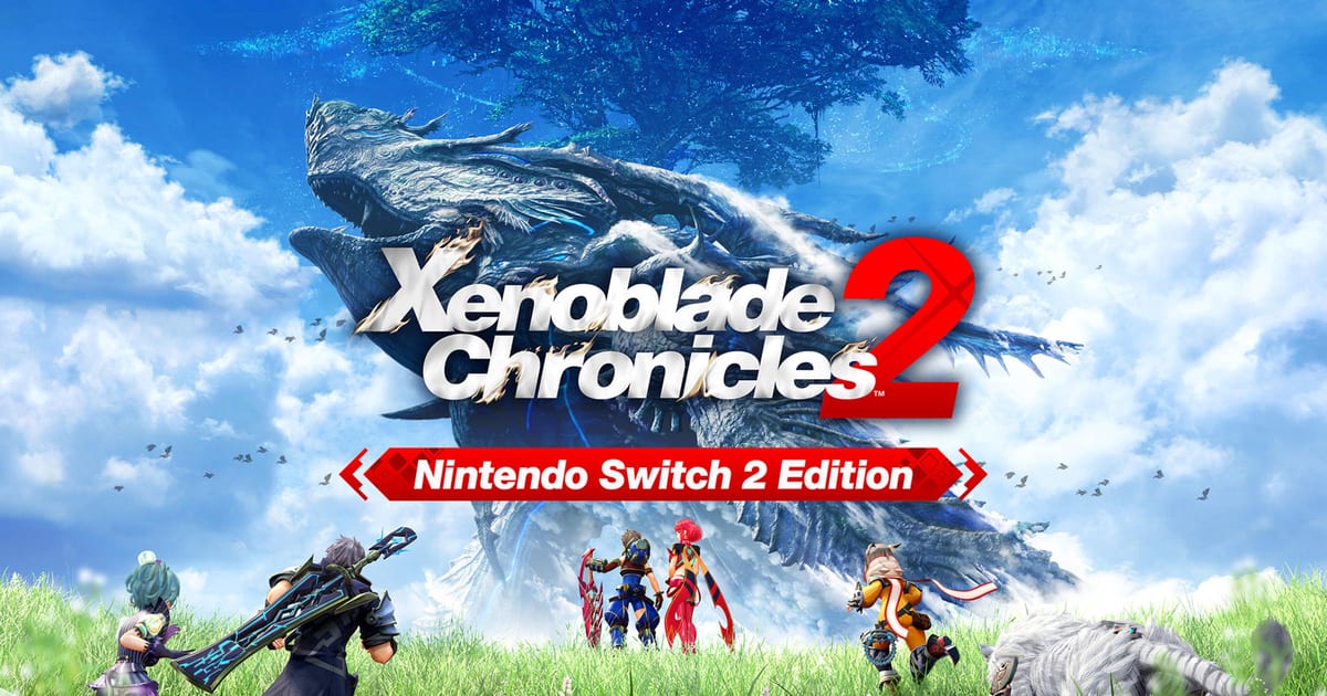 Xenoblade Chronicles 2 Nintendo Switch 2 Edition key art with Rex, Pyra and the party facing a Titan under a blue sky